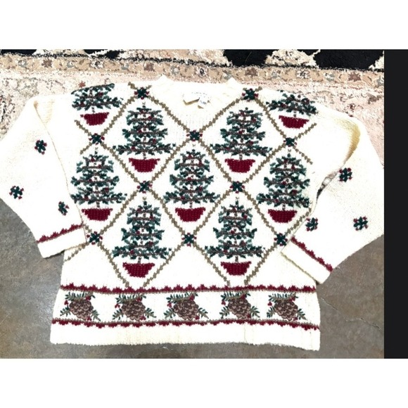 Talbots Petites Christmas Tree Sweater Holiday Knit Cream Wool Blend PS - Picture 1 of 3